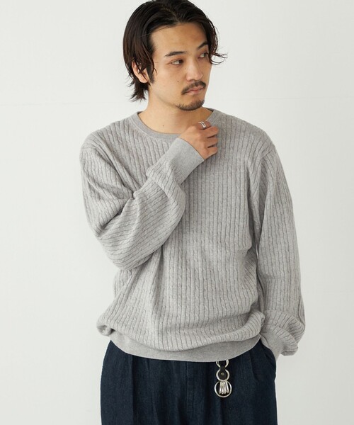 SHIPS カシミヤ100％ ケーブル編み ニットセーター Lサイズ 生成り SHIPS Colors:〈洗濯機可能〉コットン カシミヤ ケーブル ニット