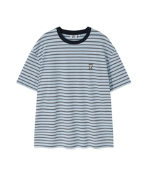 キキワッペン配色ストライプ半袖Tシャツブルー