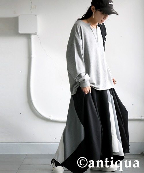 antiqua(アンティカ)の「切替 配色 アシンメトリー ロングスカート(スカート・レディース・ブラック・ONESIZE)」の14枚目の写真