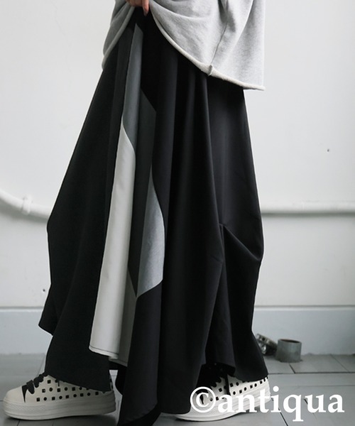 antiqua(アンティカ)の「切替 配色 アシンメトリー ロングスカート(スカート・レディース・ブラック・ONESIZE)」の4枚目の写真