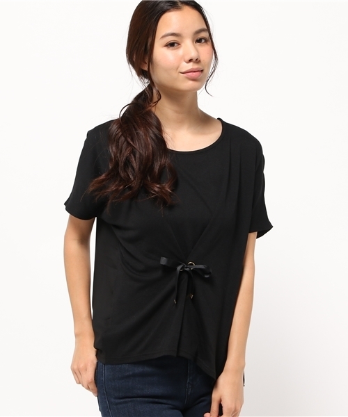 OUTLET（アウトレット）の「【Discoat Petit】布帛切替前リボンP/O（Tシャツ/カットソー・レディース・カーキ/ブラック・FREE）」の2枚目の写真