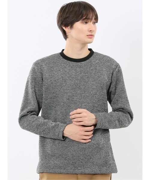 m.f.editorial(エムエフエディトリアル)の「【裏起毛】m.f.エディトリアル メンズ ツイル クルーネック 長袖 Tシャツ(Tシャツ/カットソー・メンズ・ボルドー/ホワイト×ブラック・MEDIUM/X-LARGE/LARGE)」の1枚目の写真