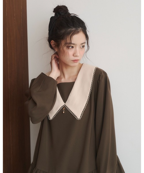 moi tytto（モイテュット）の「スカラップビックカラーワンピース（ワンピース・レディース・グレー/ブラウン/ブラック・FREE/SMALL）」の11枚目の写真