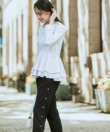 nissen | 【入学式・卒業式】カットジョーゼットペプラムブラウス+パール調ボタンデザインテーパードパンツセットアップ＜大きいサイズ有＞(スーツセット)