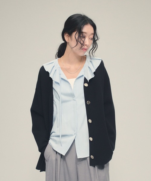 eL（エル）の「【eL】12G Vertical VCardigan/636828（カーディガン/ボレロ・レディース・ミント/ブラック/オフホワイト・FREE）」の3枚目の写真