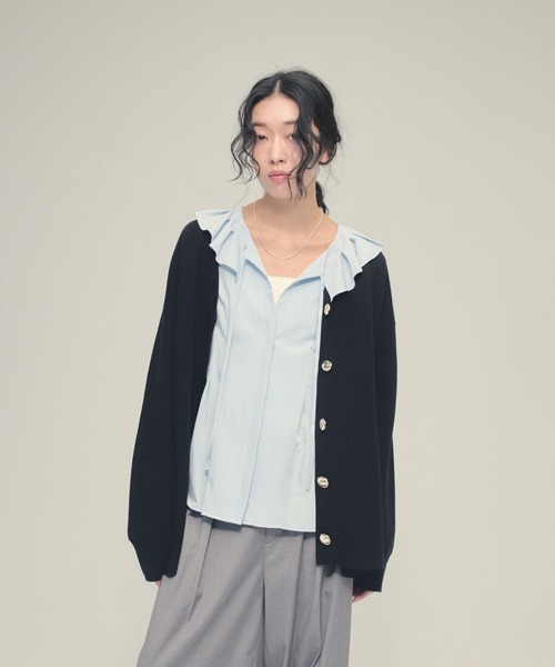 eL（エル）の「【eL】12G Vertical VCardigan/636828（カーディガン/ボレロ・レディース・ミント/ブラック/オフホワイト・FREE）」の10枚目の写真