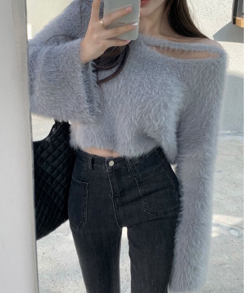 kirakiraShop(キラキラショップ)の「シャギー Vネック クロップ ドニット トップス(ニット/セーター・レディース・ブラック/グレー/ベージュ/パープル/ホワイト/ピンク・FREE)」の18枚目の写真