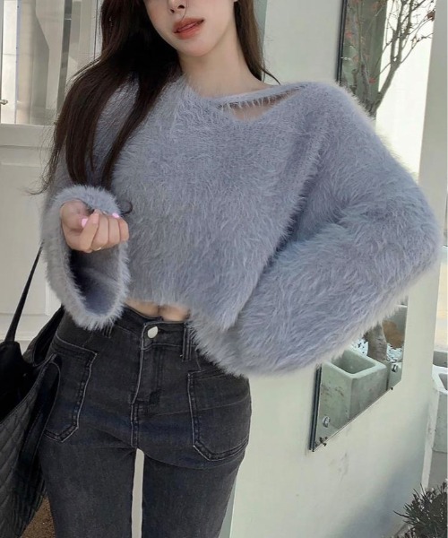 kirakiraShop(キラキラショップ)の「シャギー Vネック クロップ ドニット トップス(ニット/セーター・レディース・ブラック/グレー/ベージュ/パープル/ホワイト/ピンク・FREE)」の22枚目の写真