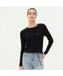 Round Neck Ribbed Cardigan _Black