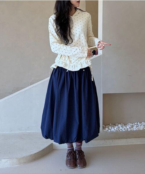 RONRON（ロンロン）の「LACE TRIM SMOKED PUMPKIN MIDI SKIRT NAVY（スカート・レディース・その他・FREE）」の7枚目の写真
