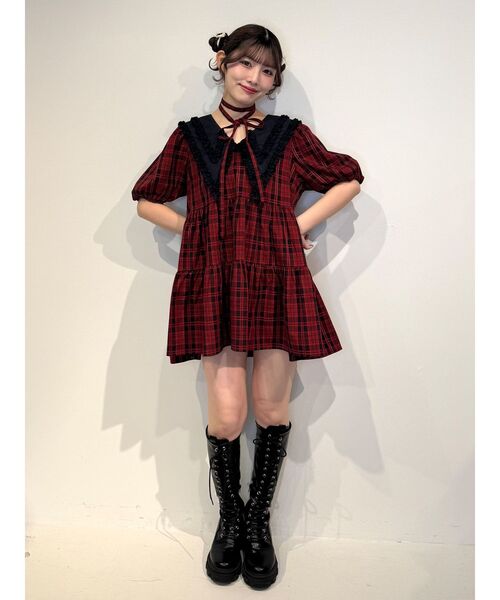 jouetie（ジュエティ）の「ビッグカラーフレアミニワンピース チェック柄（ワンピース・レディース・レッド/ブルー/グレー・MEDIUM）」の4枚目の写真