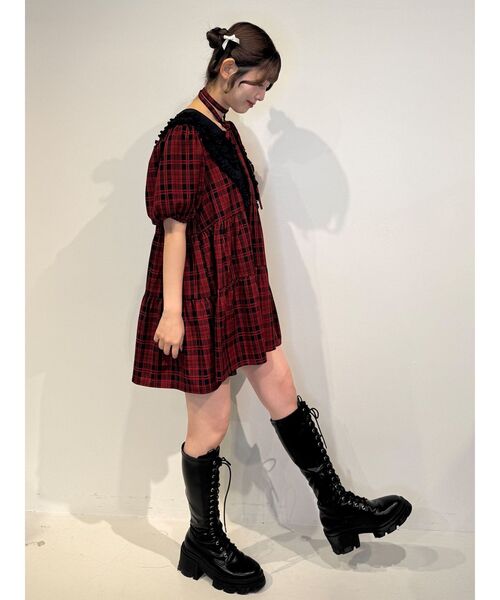 jouetie（ジュエティ）の「ビッグカラーフレアミニワンピース チェック柄（ワンピース・レディース・レッド/ブルー/グレー・MEDIUM）」の6枚目の写真