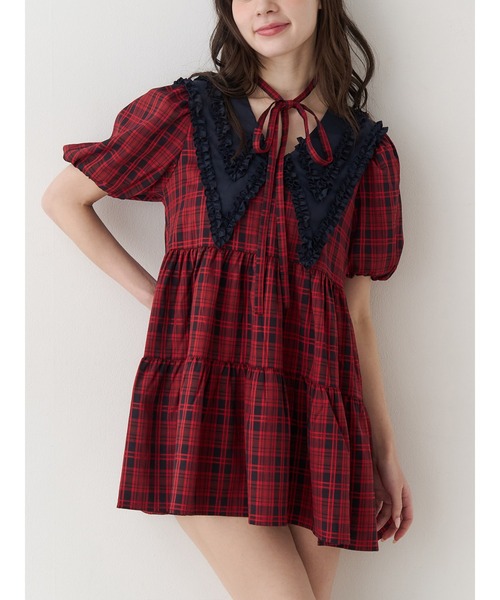 jouetie（ジュエティ）の「ビッグカラーフレアミニワンピース チェック柄（ワンピース・レディース・レッド/ブルー/グレー・MEDIUM）」の3枚目の写真