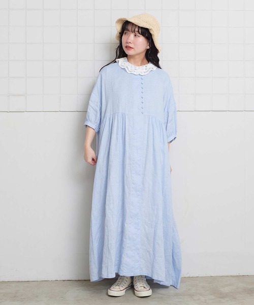l'atelier du savon（アトリエドサボン）の「_麻のころころボタンOP（ワンピース・レディース・サックスブルー/ピンク/チャコールグレー・FREE）」の6枚目の写真