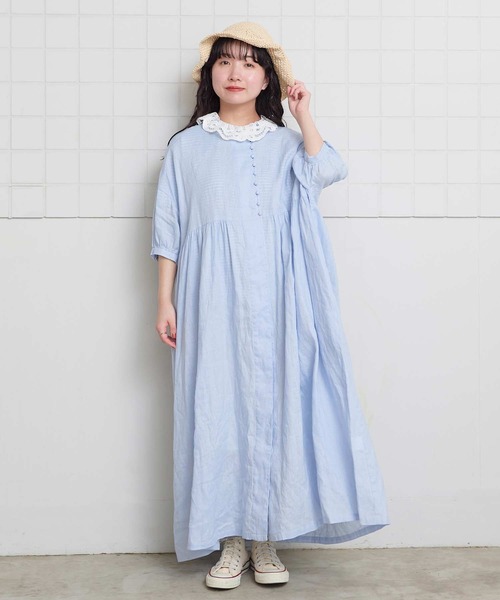 l'atelier du savon（アトリエドサボン）の「_麻のころころボタンOP（ワンピース・レディース・サックスブルー/ピンク/チャコールグレー・FREE）」の9枚目の写真