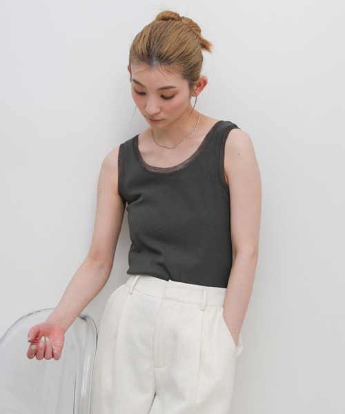 select MOCA(セレクトモカ)の「リブチュールドッキングタンクトップ(タンクトップ・レディース・ネイビー/チャコールグレー/アイボリー・FREE)」の2枚目の写真