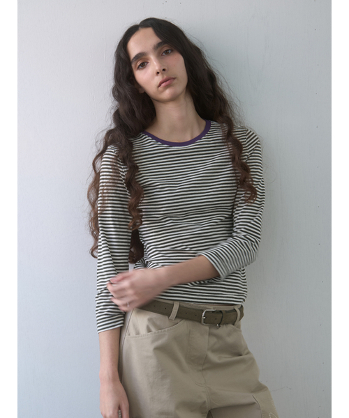 Kijun(キジュン)の「Stripe Mid Sleeve Tee Khaki(Tシャツ/カットソー・レディース・その他・MEDIUM/SMALL)」の1枚目の写真