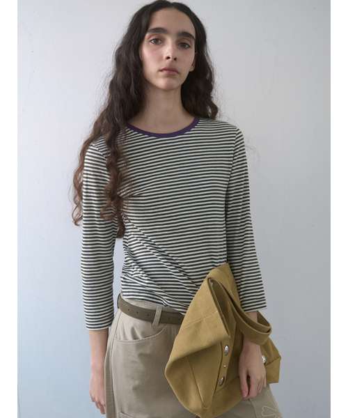 Kijun(キジュン)の「Stripe Mid Sleeve Tee Khaki(Tシャツ/カットソー・レディース・その他・MEDIUM/SMALL)」の2枚目の写真