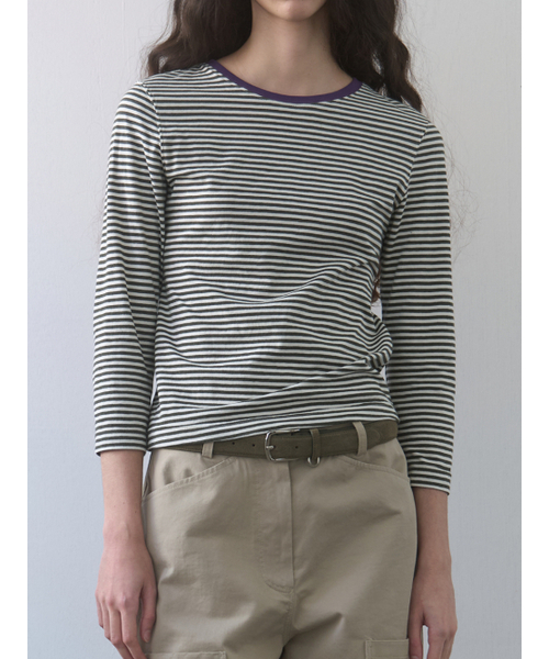 Kijun(キジュン)の「Stripe Mid Sleeve Tee Khaki(Tシャツ/カットソー・レディース・その他・MEDIUM/SMALL)」の3枚目の写真