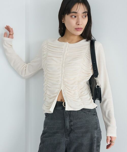 CRAFT STANDARD BOUTIQUE(クラフトスタンダードブティック)の「シャーリングカーディガン(カーディガン/ボレロ・レディース・杢グレー/グリーン系その他3/アイボリー・FREE)」の1枚目の写真