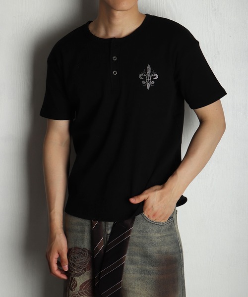 WESTSEA(ウエストシー)の「ラインストーン テレコ ヘンリーネック 半袖T(Tシャツ/カットソー・メンズ・ブラック/ブラック系その他/ホワイト/ホワイト系その他・M/L)」の4枚目の写真