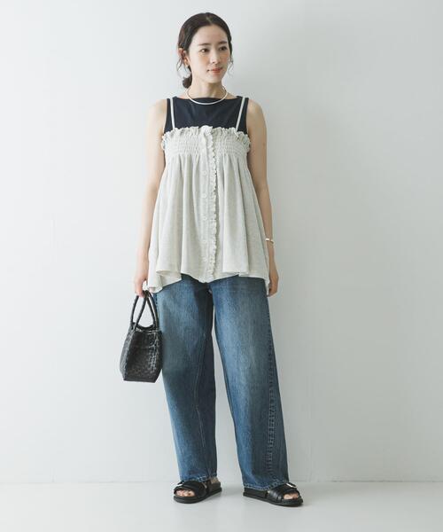 crinkle crinkle crinkle(クリンクルクリンクルクリンクル)の「crinkle crinkle crinkle SHIRRING GATHER CAMI(キャミソール・レディース・ブラック/アイボリー・FREE)」の4枚目の写真