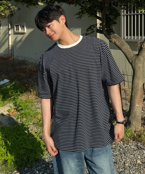 MINDBRIDGE(マインドブリッジ)の「ストライプリンガーオーバーサイズ半袖Tシャツ - 4カラー(Tシャツ/カットソー・メンズ・ホワイト/ネイビー/ブラウン/グレー・100/110/95/105)」の11枚目の写真