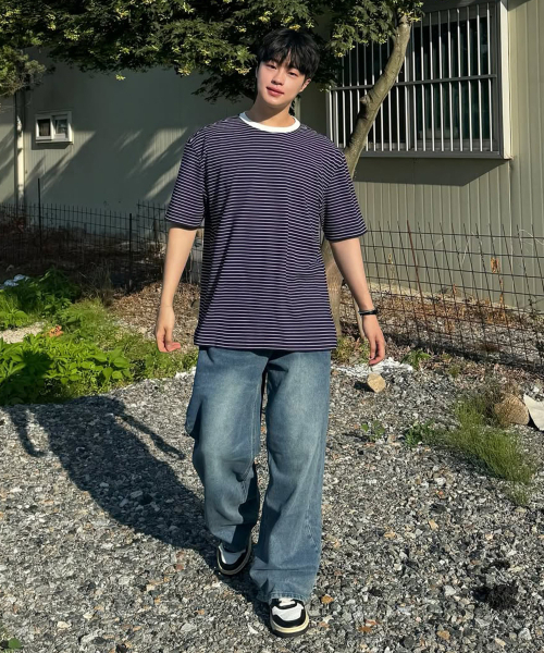 MINDBRIDGE(マインドブリッジ)の「ストライプリンガーオーバーサイズ半袖Tシャツ - 4カラー(Tシャツ/カットソー・メンズ・ホワイト/ネイビー/ブラウン/グレー・100/110/95/105)」の10枚目の写真