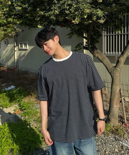 MINDBRIDGE(マインドブリッジ)の「ストライプリンガーオーバーサイズ半袖Tシャツ - 4カラー(Tシャツ/カットソー・メンズ・ホワイト/ネイビー/ブラウン/グレー・100/110/95/105)」の13枚目の写真