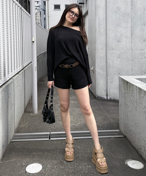 SPIRALGIRL（スパイラルガール）の「ボーダーオフショルトップス×ショートパンツ（セットアップ・レディース・ブラック/マルチ・FREE）」の5枚目の写真