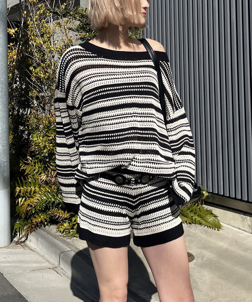 SPIRALGIRL（スパイラルガール）の「ボーダーオフショルトップス×ショートパンツ（セットアップ・レディース・ブラック/マルチ・FREE）」の8枚目の写真