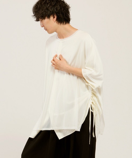 NO ID.(ノーアイディ)の「mt10527-ドローストリングスシアーレイヤードBIG-T Tシャツ(458006-486T)(Tシャツ/カットソー・メンズ・その他/ブラック/ホワイト・ONE SIZE)」の10枚目の写真
