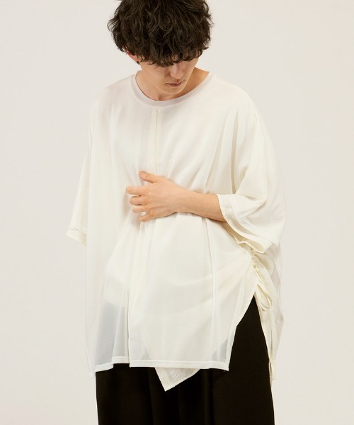 NO ID.(ノーアイディ)の「mt10527-ドローストリングスシアーレイヤードBIG-T Tシャツ(458006-486T)(Tシャツ/カットソー・メンズ・その他/ブラック/ホワイト・ONE SIZE)」の11枚目の写真