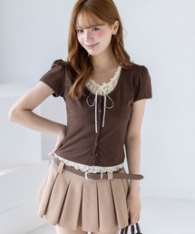 clear | フロントリボン付きレースレイヤード半袖カットソー［骨格ウェーブ/レース/韓国ファッション/ガーリー］(Tシャツ/カットソー)