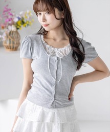 clear | フロントリボン付きレースレイヤード半袖カットソー［骨格ウェーブ/レース/韓国ファッション/ガーリー］(Tシャツ/カットソー)