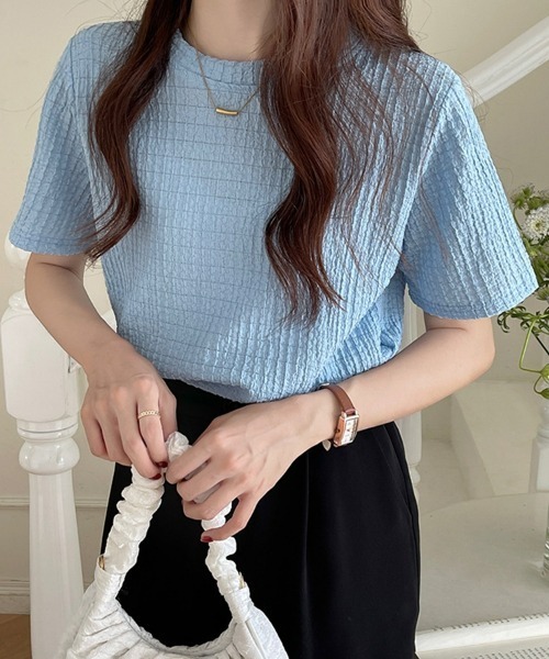 SEU(エスイーユー)の「ぽこぽこ素材の涼感シアサッカー風 半袖トップス(Tシャツ/カットソー・レディース・ホワイト/ベージュ/ブルー/ブラック・フリー)」の4枚目の写真