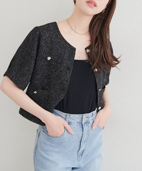natural couture(ナチュラルクチュール)の「ツイード半袖ジャケット(ノーカラージャケット・レディース・オフホワイト・FREE)」の7枚目の写真