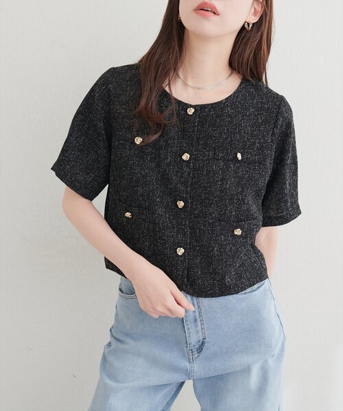 natural couture(ナチュラルクチュール)の「ツイード半袖ジャケット(ノーカラージャケット・レディース・オフホワイト・FREE)」の8枚目の写真