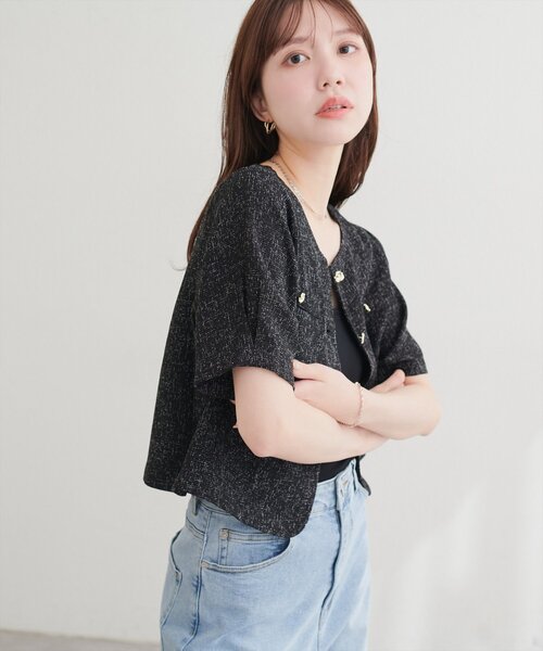 natural couture(ナチュラルクチュール)の「ツイード半袖ジャケット(ノーカラージャケット・レディース・オフホワイト・FREE)」の9枚目の写真