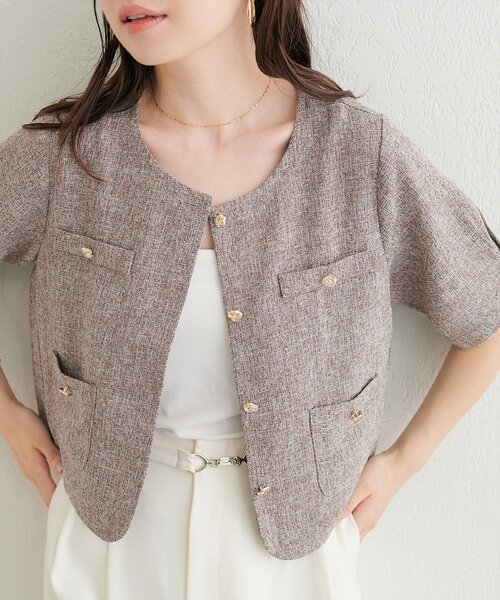 natural couture(ナチュラルクチュール)の「ツイード半袖ジャケット(ノーカラージャケット・レディース・オフホワイト・FREE)」の19枚目の写真