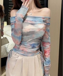 【細見え】ニュアンス柄パワーネットオフショルダー シアートップス