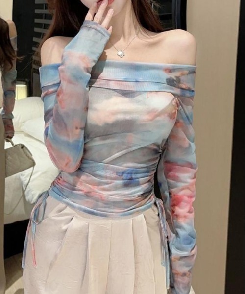center i(センターアイ)の「【細見え】ニュアンス柄パワーネットオフショルダー シアートップス(Tシャツ/カットソー・レディース・ブルー系その他/ピンク系その他・FREE)」の2枚目の写真