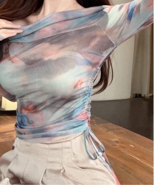 center i(センターアイ)の「【細見え】ニュアンス柄パワーネットオフショルダー シアートップス(Tシャツ/カットソー・レディース・ブルー系その他/ピンク系その他・FREE)」の11枚目の写真