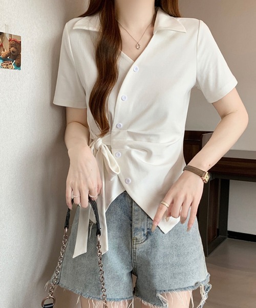2ly2(トゥーリートゥー)の「サイドリボン カシュクール風ポロトップス(Tシャツ/カットソー・レディース・ホワイト/ブルー/ブラック/ボルドー・FREE)」の6枚目の写真