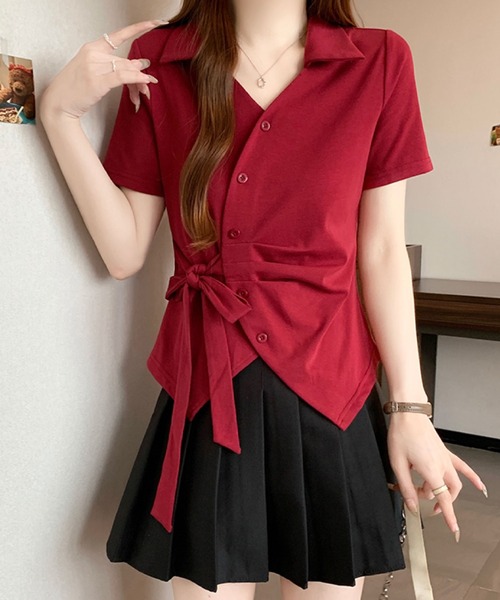 2ly2(トゥーリートゥー)の「サイドリボン カシュクール風ポロトップス(Tシャツ/カットソー・レディース・ホワイト/ブルー/ブラック/ボルドー・FREE)」の12枚目の写真