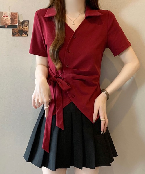 2ly2(トゥーリートゥー)の「サイドリボン カシュクール風ポロトップス(Tシャツ/カットソー・レディース・ホワイト/ブルー/ブラック/ボルドー・FREE)」の15枚目の写真