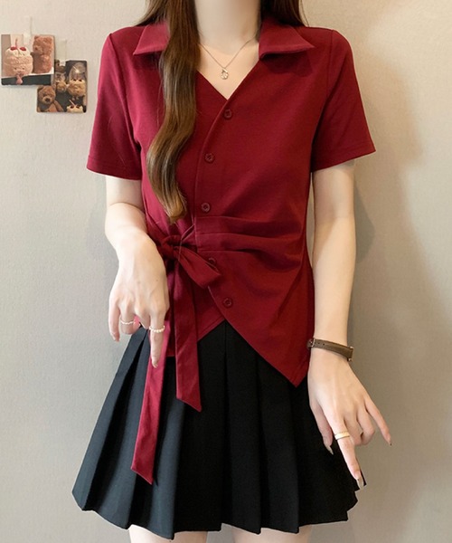 2ly2(トゥーリートゥー)の「サイドリボン カシュクール風ポロトップス(Tシャツ/カットソー・レディース・ホワイト/ブルー/ブラック/ボルドー・FREE)」の16枚目の写真