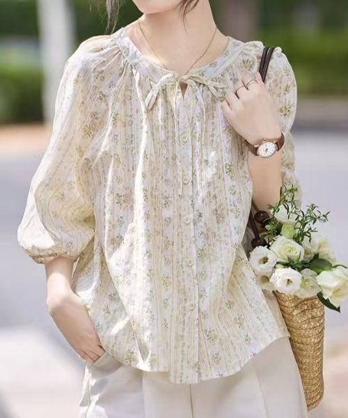 AMAJI(アマジ)の「ジャガード 総柄プリント ラグランスリーブ ルーズブラウス(シャツ/ブラウス・レディース・パープル/イエロー・MEDIUM/LARGE/X-LARGE)」の1枚目の写真