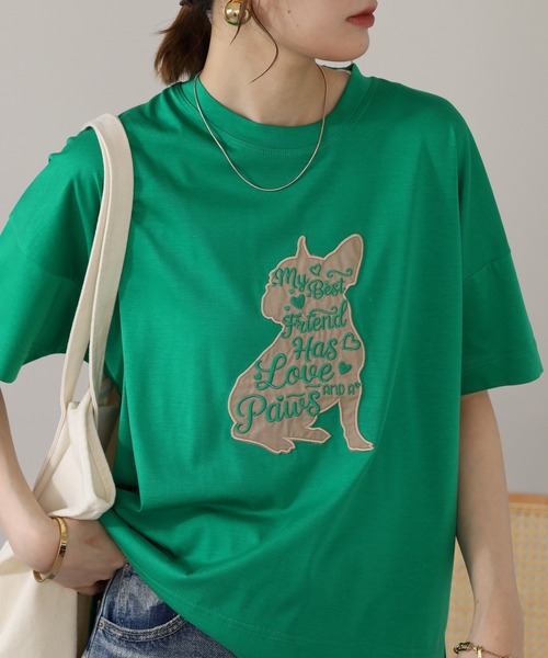 BRODIAEA（ブローディア）の「BRODIAEA 犬モチーフロゴ刺繍半袖Tシャツ（Tシャツ/カットソー・レディース・ブラック/シルバーグレー/グリーン/オフホワイト・40）」の4枚目の写真