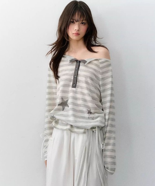 SHERU(シェル)の「スターグラフィック ドライヘンリーネックボーダーロンT(Tシャツ/カットソー・レディース・ライトグレー・M)」の4枚目の写真